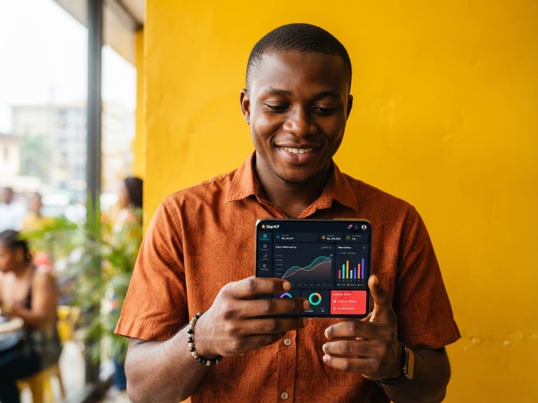 A clean, modern smartphone mockup displaying the StarKif SaaS dashboard with vibrant sales charts and inventory alerts, held by a young African entrepreneur, bright yellow studio background, high contrast, 35mm lens.