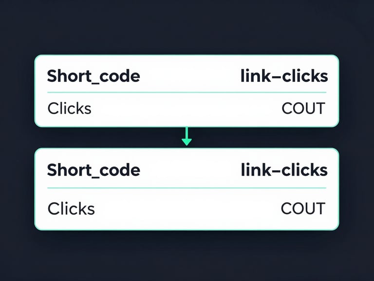 Clean vector diagram of a database schema with two tables, links and link_clicks, showing fields like short_code and clicks_count, high-contrast mint-green lines on dark slate background