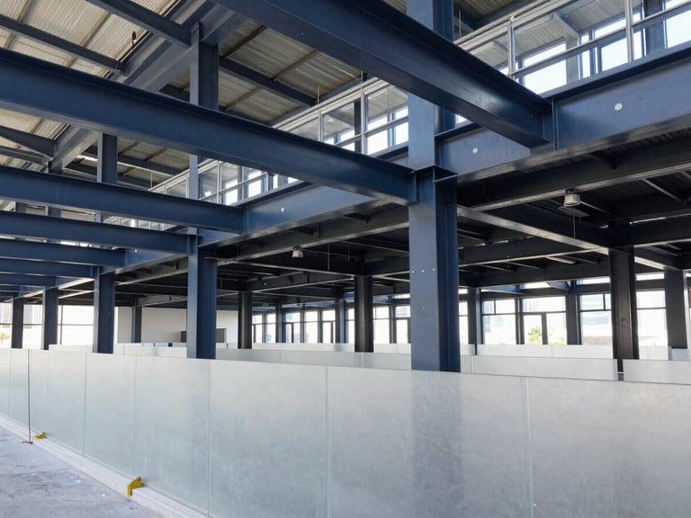 Modern corporate office interior undergoing precise architectural renovation, clean dust barriers, exposed steel beams, high contrast