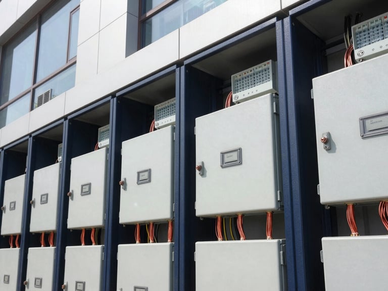 Close-up of organized industrial electrical panels and clean copper wiring inside a modern building, sharp technical focus, bright daylight