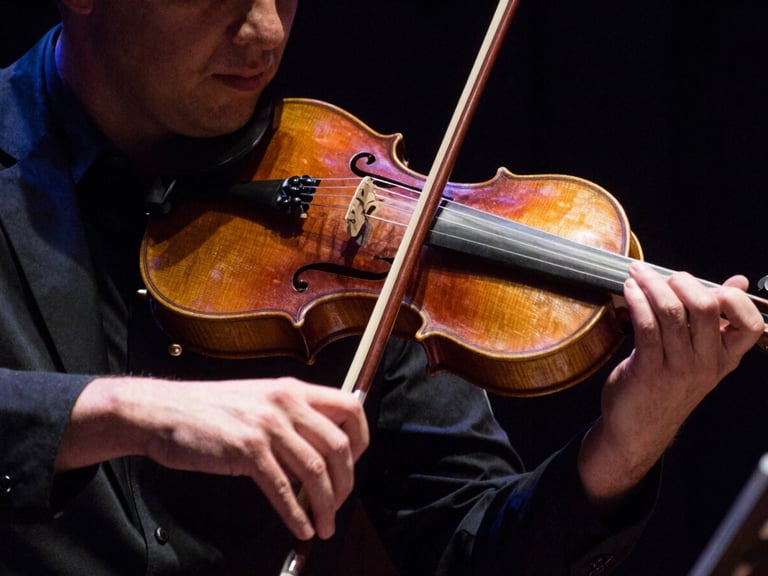 Close-up of hands playing a violin, dramatic stage lighting, deep rich tones, 35mm