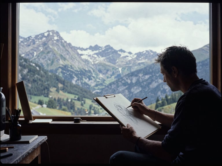 Artist sketching in a sunlit studio overlooking mountain scenery, natural alpine daylight, deep rich tones, 35mm