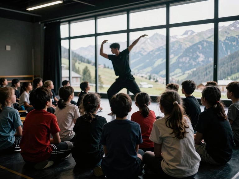 Young students intently watching a dancer in a brightly lit studio, natural light, deep rich tones, 35mm