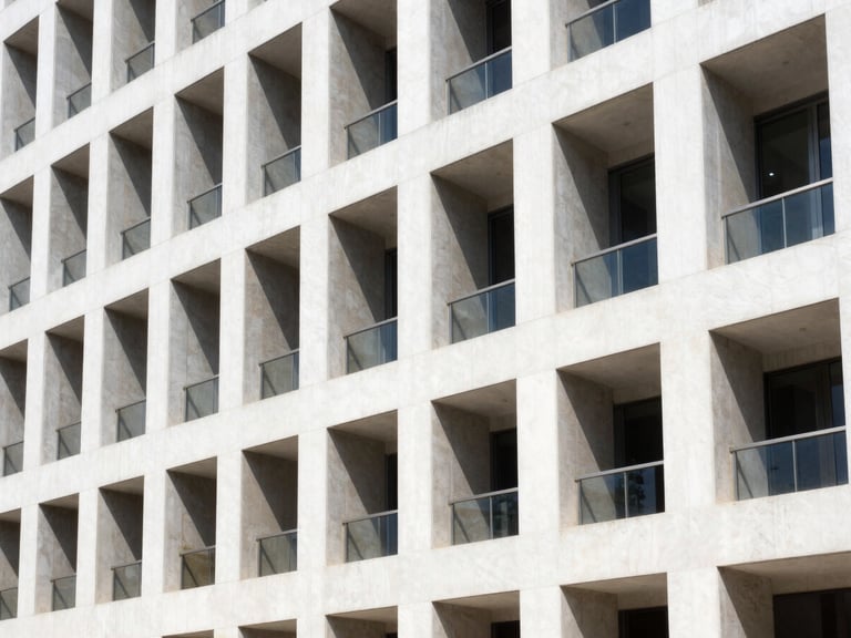 Crisp architectural photography of a modern corporate building exterior in Irapuato, sharp geometric lines, bright natural daylight, 35mm