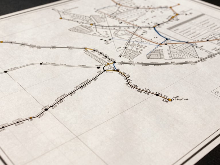Overhead shot of a logistics planning map with geometric grid lines and route data, bright industrial lighting, sharp focus, industrial commercial photography, high-contrast warm tones.