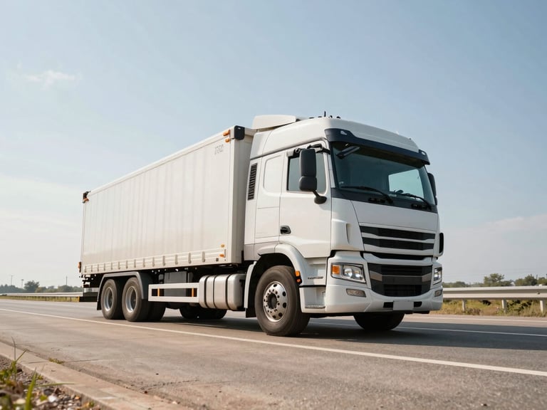 Modern heavy-duty transport truck on a clean highway under bright midday sun, wide-angle lens, low-angle powerful shot, sharp focus, industrial commercial photography, high-contrast warm tones.