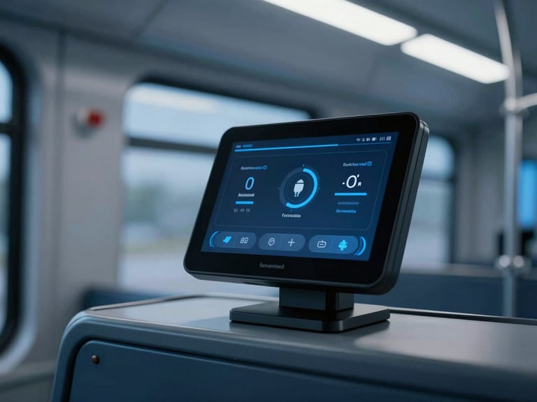 A high-resolution view of a vehicle-mounted Android terminal inside a modern European tram cabin, cool ambient cabin light, clean interface visible.