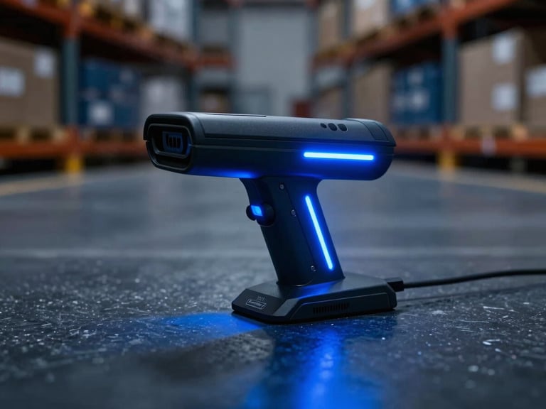 Close-up of a rugged Android scanner in a logistics warehouse, neon blue status light reflecting on slate floor, sharp focus on hardware.
