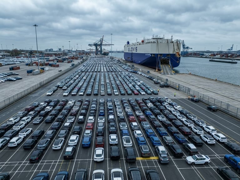 Wide-angle industrial port terminal at overcast daylight, rows of new electric vehicles parked in precise grids, Ro-Ro vessel docked in the background, cool metallic tones.