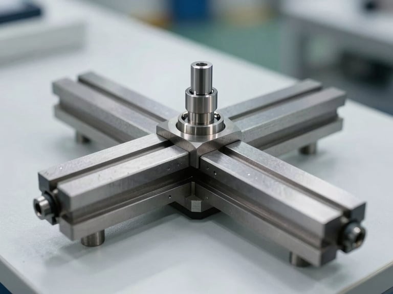Close-up of high-precision metal jig on a clean industrial background, bright natural factory light, sharp focus, 35mm lens