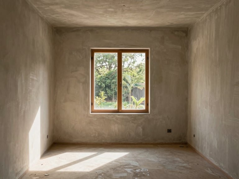Interior room of a completed custom home in Haryana — bare plaster walls with visible brush texture, a single window framing exterior vegetation, afternoon light casting a diagonal shadow across the floor, no furniture, no people