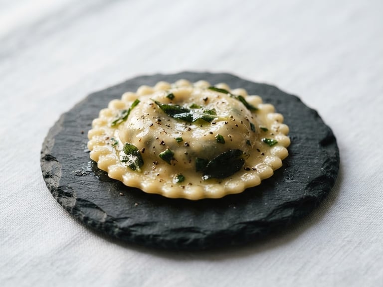 Immaculate close-up of a single perfect raviolo on a dark slate plate, micro focus on a glossy glaze of clarified butter and sage, dramatic side-lighting, crisp white linen background, 35mm