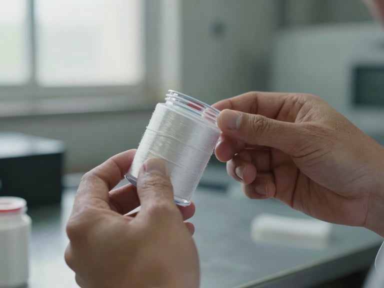 Close-up of hands inspecting a clear PET container thread and mouth finish on a factory workbench, diffused north-facing factory window light, shallow depth of field, molding precision visible, no faces