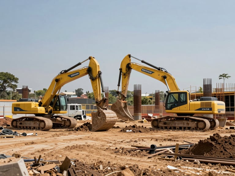 Wide environmental shot of an active civil construction site in Gaborone, featuring heavy machinery and reinforced steel structures under natural light.