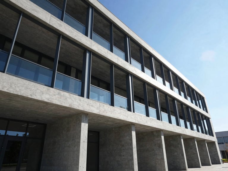 Wide-angle architectural elevation of a modern concrete and steel building facade under bright daylight, crisp shadows, clean structural lines, slate blue tones.
