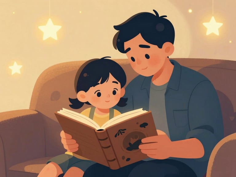Warm illustration of a parent and child reading an adventure journal together on a cozy couch, soft glowing stars in the background, close-up framing on the journal.
