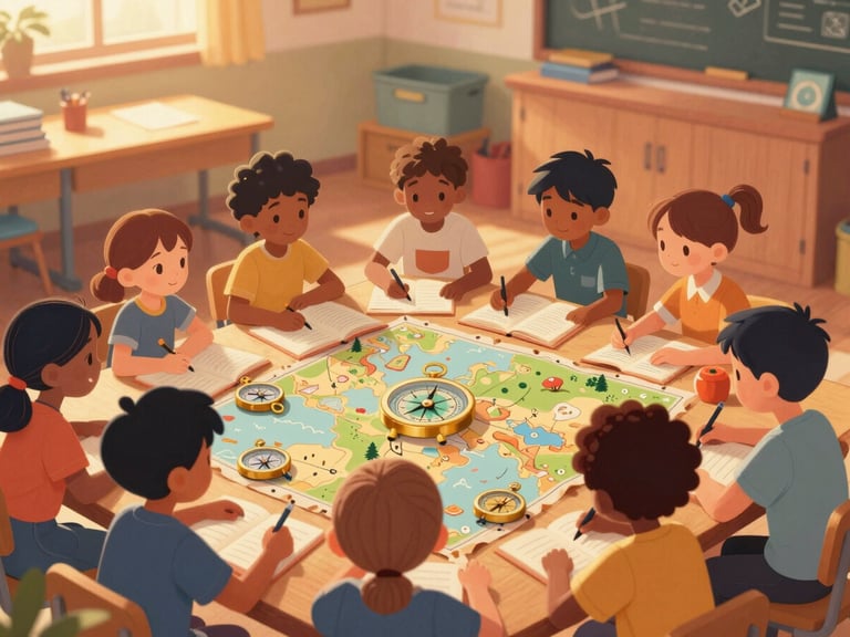 Whimsical illustration of diverse children collaborating in a classroom, surrounded by adventure-themed learning materials like maps and compasses, warm golden-hour glow, eye-level framing.