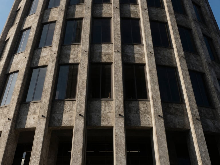 Extreme wide environmental shot of a monolithic concrete and glass corporate building facade in Lima, sharp architectural shadows, dramatic low-key natural light, high contrast.