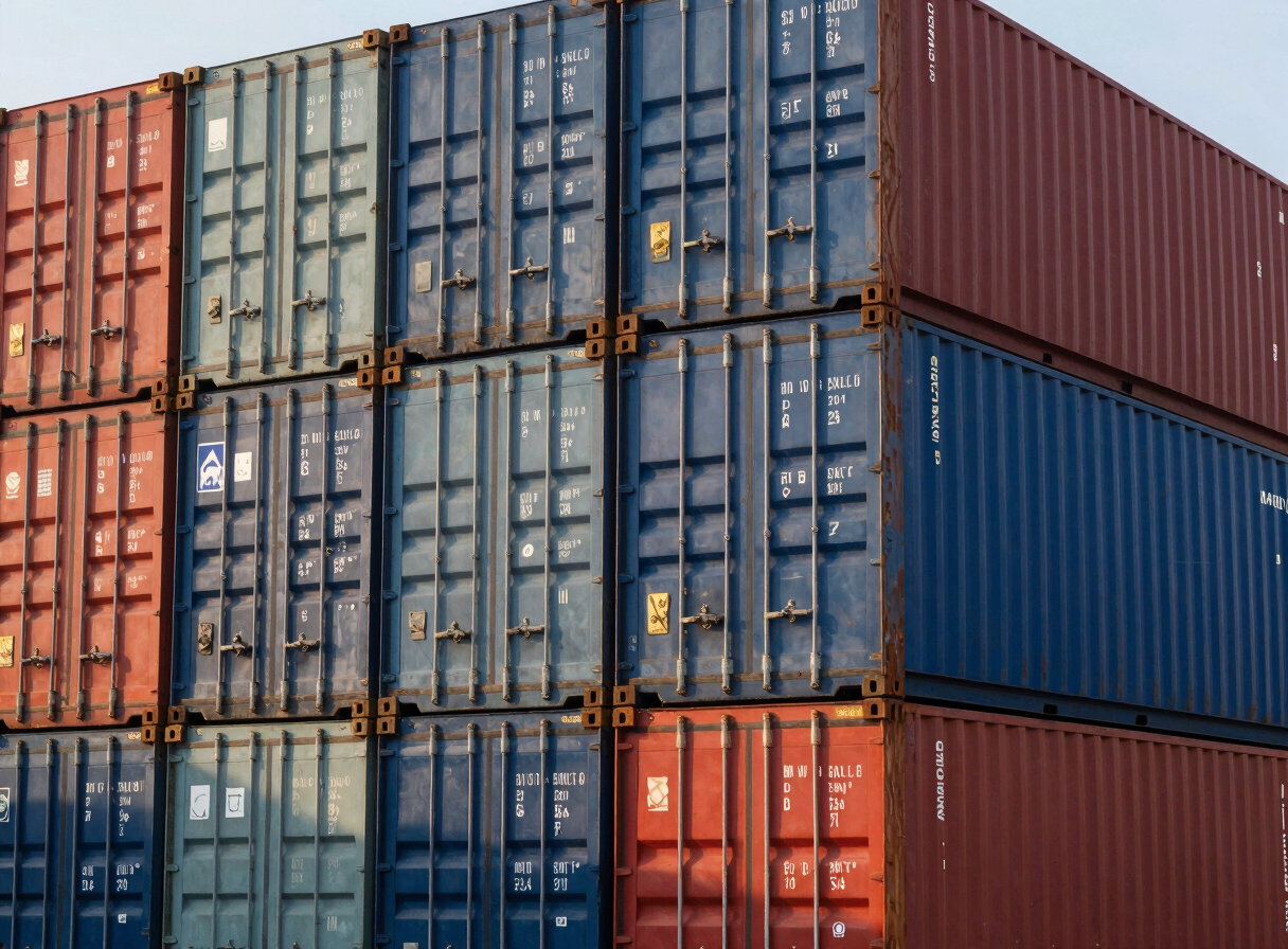 Close-up of stacked blue and red shipping containers at a busy port terminal during golden hour, realistic industrial lighting.