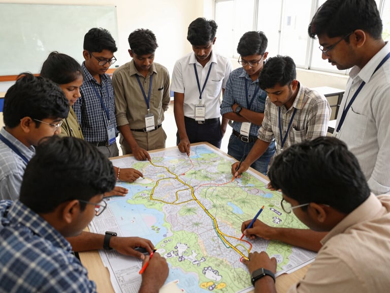 Wide-angle documentary shot of VJTI engineering students gathered around topographic maps in a brightly lit classroom, tracing pipeline routes, natural daylight.