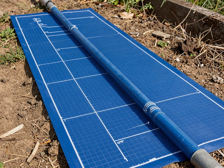 A crisp technical blueprint of a rural gravity-fed water pipeline, showing elevation contours and hydraulic gradients in white lines on a deep blue grid.