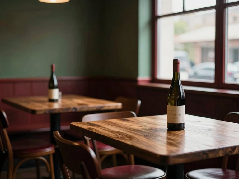 Warm editorial photography, cozy dining room interior during late afternoon, low-key natural lighting, empty wooden tables waiting for service, wine bottle on the side, matte finish, 35mm.