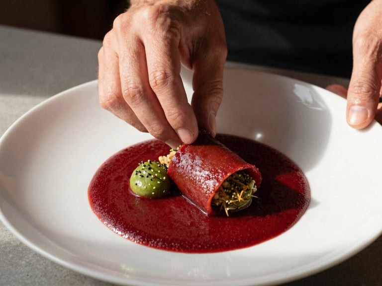 Warm editorial photography, close-up macro shot of chef hands carefully plating a vibrant dish, soft natural window light casting moody shadows, rich crimson sauce, matte finish, 35mm.