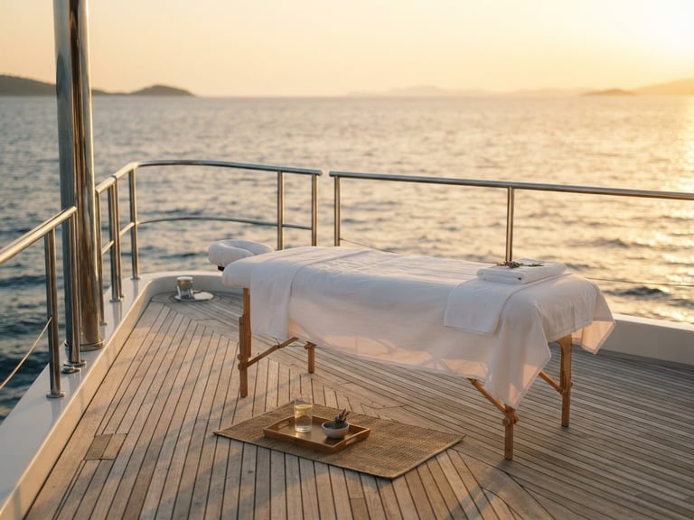 A minimalist teak yacht deck at golden hour, a single massage setup with crisp white linens fluttering in the warm ocean breeze.