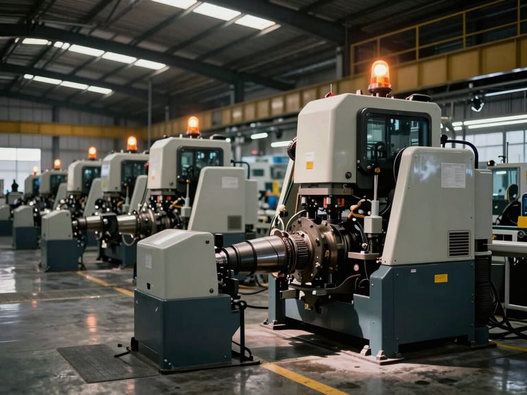Wide environmental shot of a modern Latin American manufacturing floor, active heavy machinery operating under dramatic high-contrast industrial lighting, safety amber warning lights visible in the background