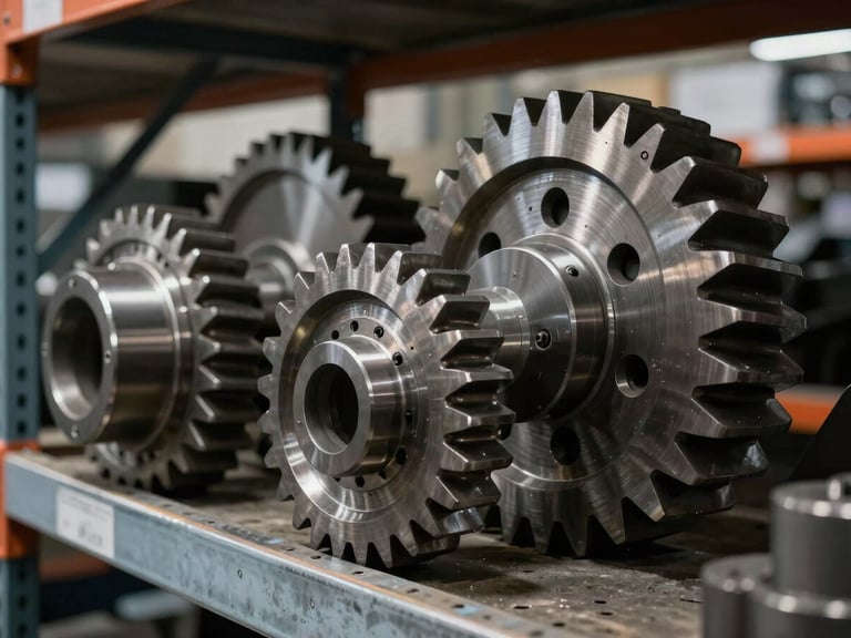 Close-up of machined steel heavy industrial gears organized on heavy-duty metal warehouse shelving, dramatic high-contrast industrial lighting