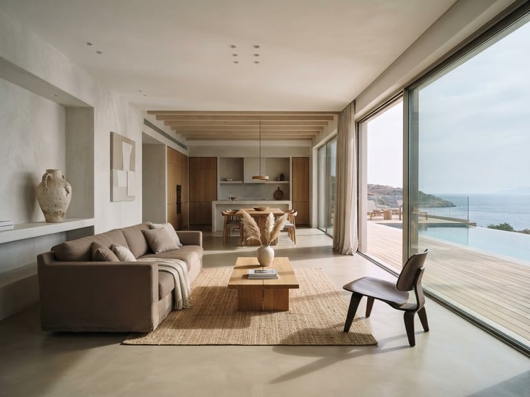 Wide architectural shot of a minimalist luxury villa interior with seamless microcement floors, soft natural side-light casting subtle shadows, muted earth tones, 35mm lens