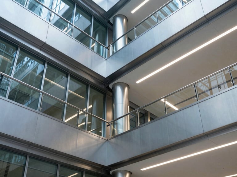 Architectural general shot of a modern office building atrium, extensive stainless steel balustrades, clean glass integration, cold high-contrast lighting.