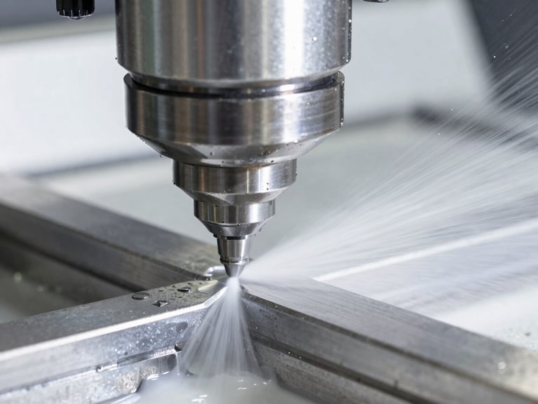 Sharp macro close-up of a high-precision CNC milling head cutting gleaming steel with cool white coolant fluid spray, high-key lighting, 35mm