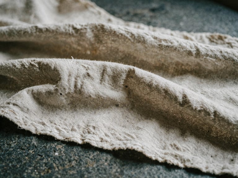 Close-up of raw linen fabric draped over a dark stone surface, soft directional daylight highlighting the intricate weave, muted earth tones, shallow depth of field, 35mm film grain.