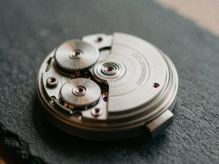 Macro detail shot of a mechanical watch movement on a dark slate background, soft daylight, muted earth tones and deep charcoal, 35mm film grain.