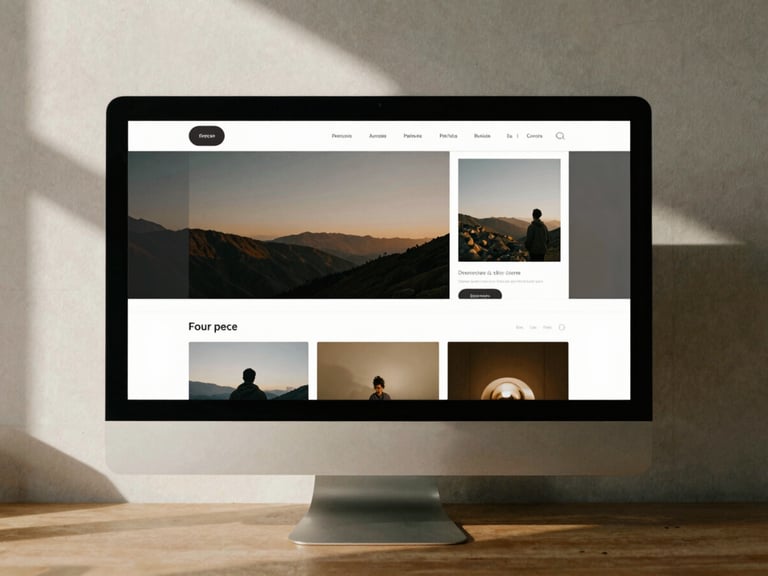A clean screenshot of a minimalist digital layout framed on a physical desktop monitor, soft north-facing daylight casting deep shadows on a linen wall, warm editorial photography, 35mm film grain.