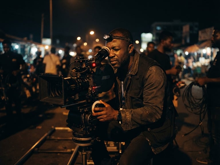 Cinematic film still, low-key dramatic chiaroscuro lighting, a director looking through an anamorphic lens on a night shoot in Accra, rich warm tones, 35mm grain.
