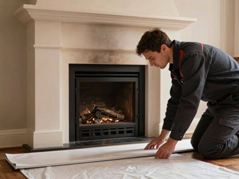 A professional chimney technician in a clean dark uniform carefully laying down protective floor runners in front of a sealed fireplace hearth, warm natural side light, sharp detail.