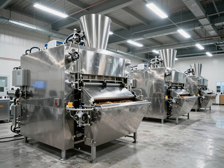 Wide architectural interior of a modern seed processing plant, stainless steel Sortex machinery, clean concrete floors, bright industrial lighting.