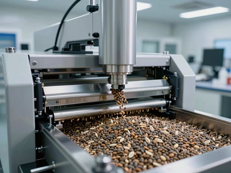A high-tech seed processing line with modern optical sorting machinery operating under bright industrial white light, steel surfaces reflecting clean laboratory conditions
