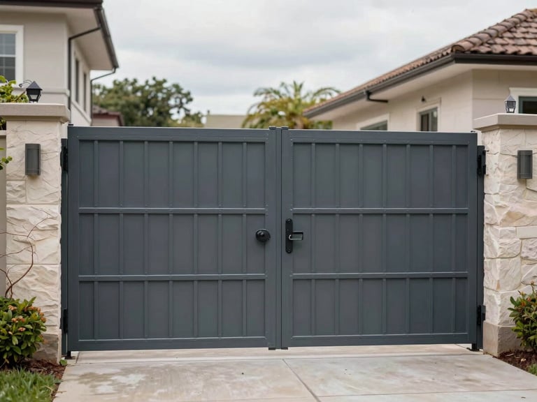 Wide environmental shot of a completed custom steel gate and fence installation at a residential property, gate closed and centered in frame, overcast natural light revealing the full geometric weld pattern, surrounding landscaping providing context for scale