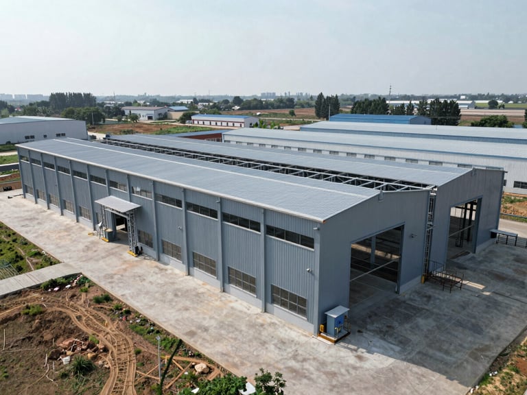 Overhead elevation view of a completed multi-bay steel factory building, showing the full structural footprint from a high angle, roof purlins and ridge beams clearly defined, bright overcast daylight, surrounding site showing scale against industrial surroundings