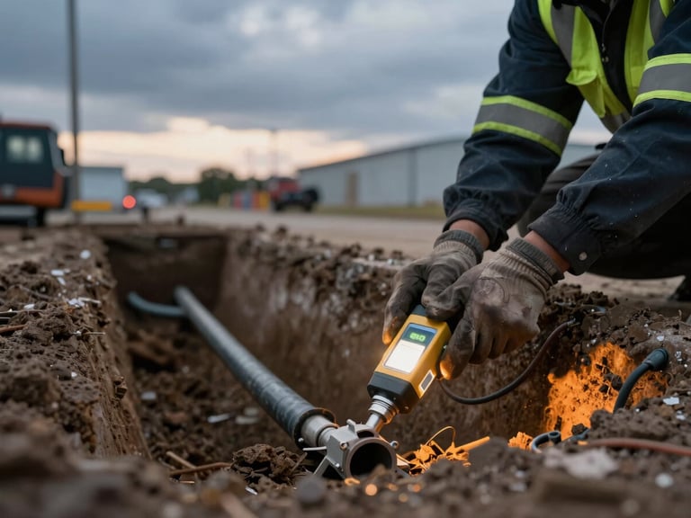 Clean civil trenching with conduit for smart meter installation, close-up of precise electrical terminations, high-visibility overcast daylight.
