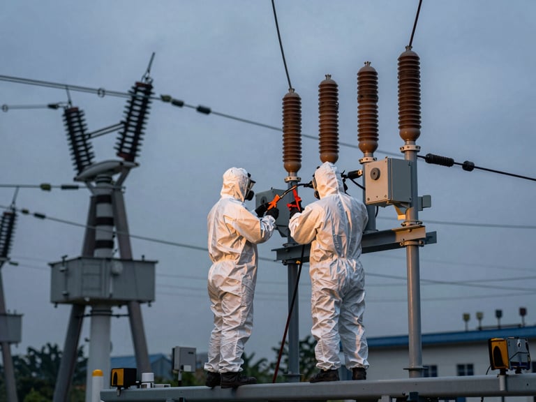 Technicians in full PPE terminating 11 kV lines with specialized tools, high-contrast cool tones, wide environmental shot showing scale of work, overcast daylight.