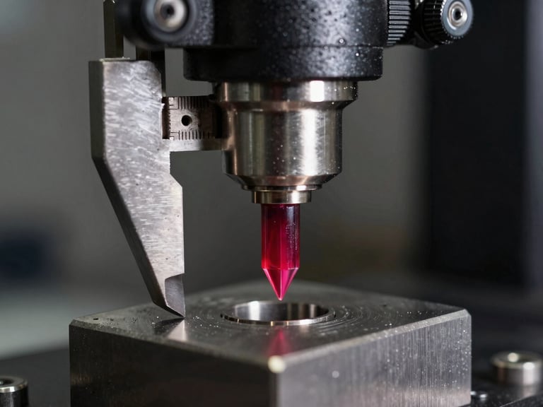 Macro shot of a ruby-tipped coordinate measuring machine probe calibrating a machined steel block, dark industrial background, sharp focus, technical atmosphere.