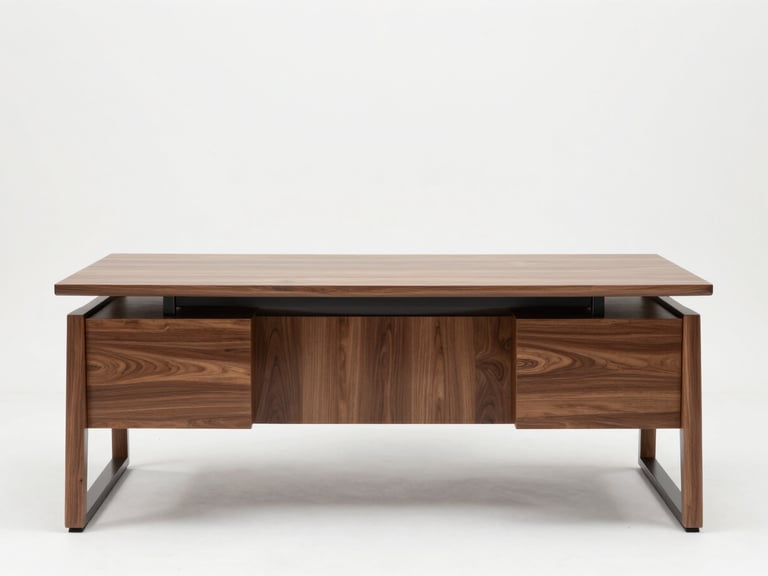 Straight-on shot of a solid wood executive desk against a clean white wall in an empty office, bright studio strobe lighting, dark metal legs, smooth surface showing natural wood grain texture, no people, full-frame product framing