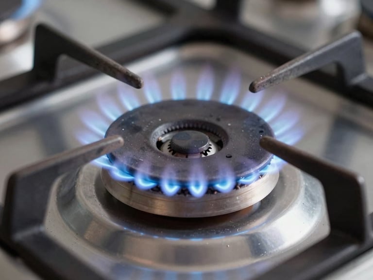 Macro shot of a clean gas range burner ignition spark, crisp blue flame, sharp focus on the burner ring, professional lighting