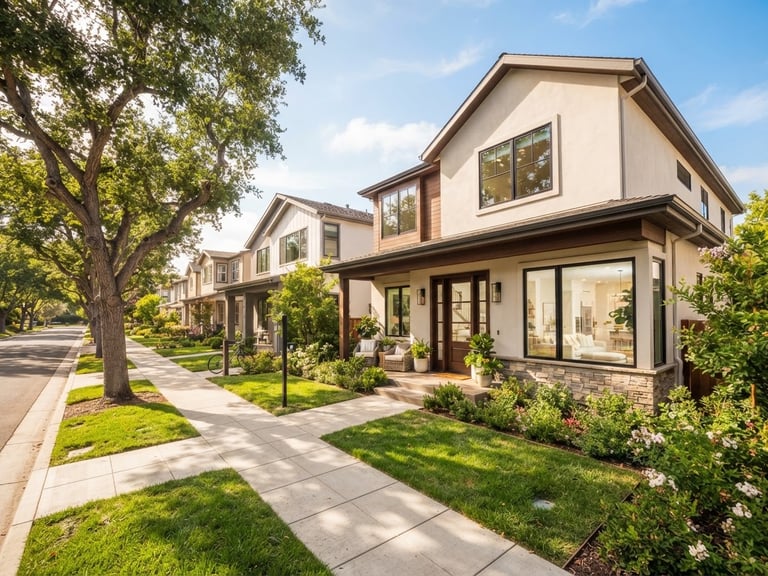 Sunny, clean neighborhood with simple, modern houses under bright daylight, realistic real estate photography, warm inviting atmosphere