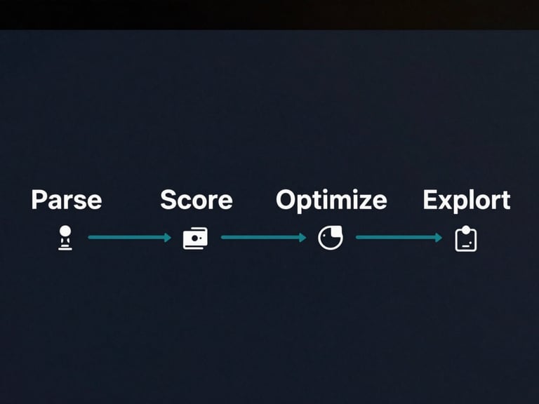 Wide workflow diagram rendered as a clean dark-surface UI screenshot: a horizontal pipeline labeled Parse, Score, Optimize, Export with teal connector lines between each node, minimal icon glyphs at each stage, high-contrast white labels on deep navy background, no humans, no decorative elements