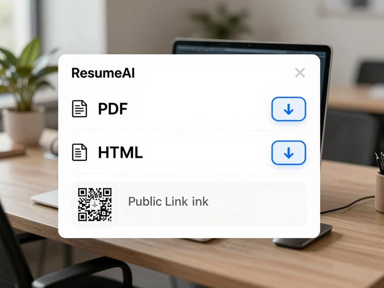 Product screenshot of the export dialog inside the ResumeAI editor: a clean modal showing three format options — PDF, DOCX, HTML — each with a file-type icon and a download button. A QR code and public link field visible below. High-key clean UI screenshot lighting, no humans, no office environment, tight crop on the export modal detail.